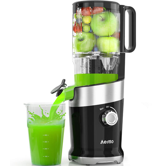 Aeitto Cold Press Juicer, Juicer Machines with 4.9" Large Feed Chute, Fits Whole Vegetables and Fruits, Professional Juice Maker, Easy to Clean, High Juice Yield, Easy to Assemble,Black