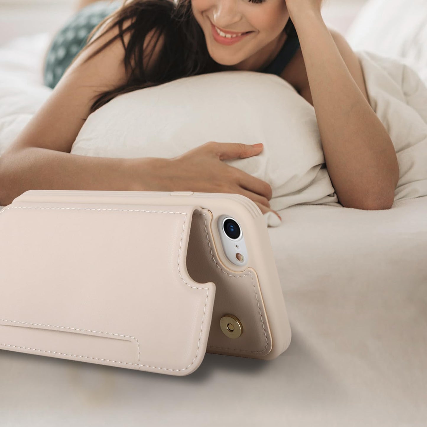 iCoverCase Compatible with iPhone SE(2022)/SE(2020)/7/8 Wallet Phone Case with Card Holder for Women Men, RFID Blocking Card Slots PU Leather Protective Case (Beige)