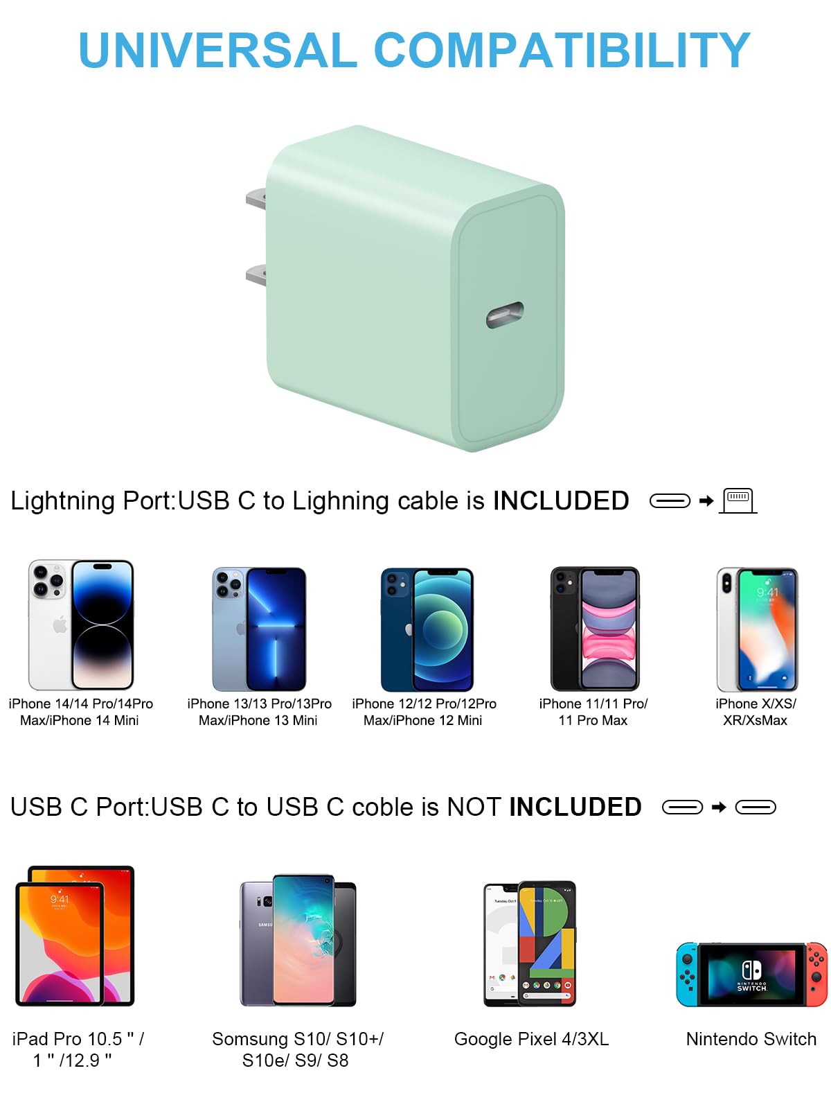 iPhone 14 13 12 Fast Charger 20W PD USB C Wall Charger with 6FT Fast Charging Cable for iPhone 14/14 Pro/14 Pro Max/14 Plus/13/12/11/Pro/Pro Max/Mini/Xs Max/X, iPad - Green