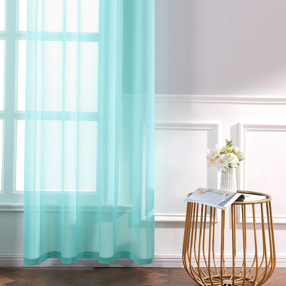 MIULEE 2 Turquoise Semi Sheer Window Curtains Elegant Grommet Top Voile Panels/Drapes/Treatment Aqua Blue Linen Textured for Bedroom Living Room Decor (54X84 Inches)