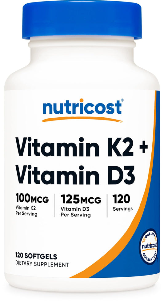 Nutricost Vitamin K2 (MK7) (100mcg) + Vitamin D3 (5000 IU) 120 Softgels - Gluten Free and Non-GMO