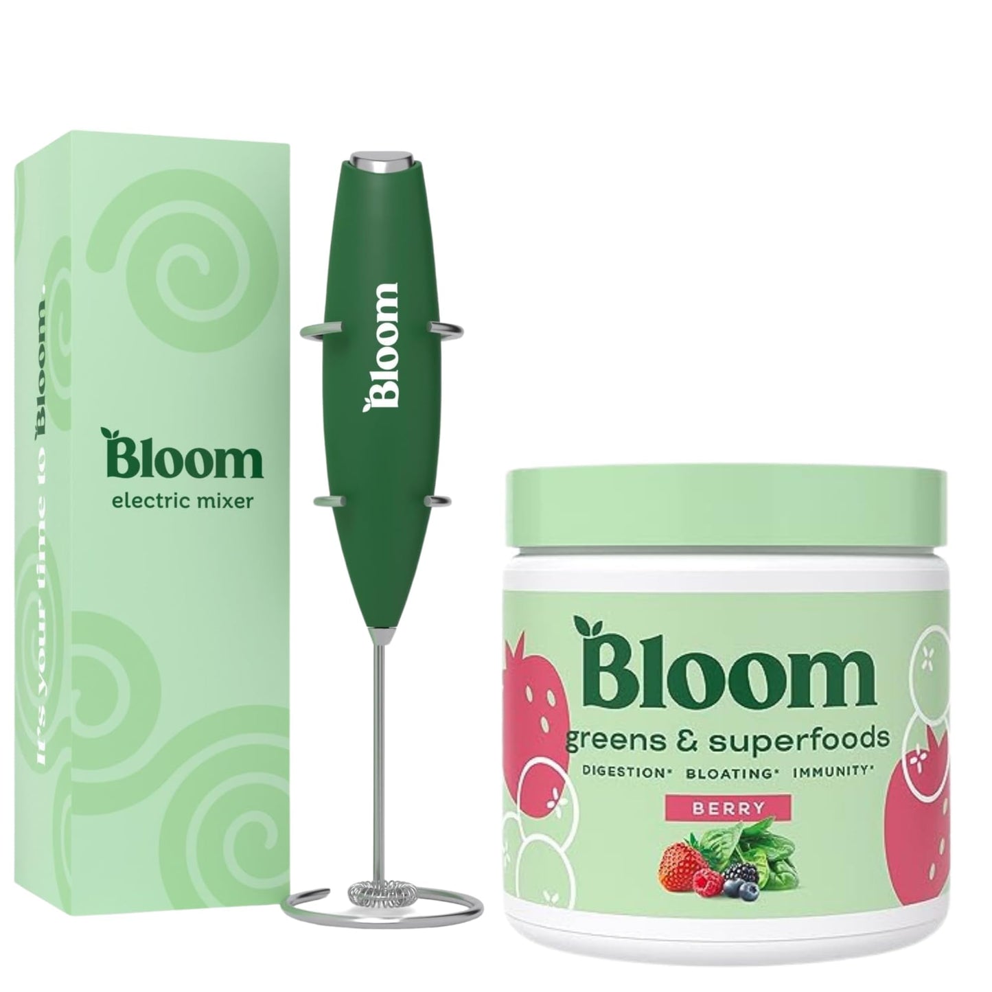 Bloom Nutrition Superfood Greens Powder, Digestive Enzymes with Probiotics and Prebiotics, Gut Health, Bloating Relief, Berry + Milk Frother High Powered Hand Mixer