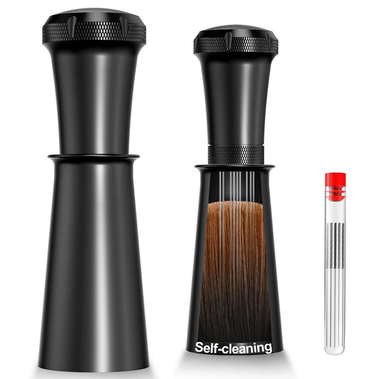 Nessus WDT Espresso Distribution Tool, Espresso Accessories with Built-in Cleaning Brush, 0.35mm 10 Needle Distributor and Extra 10 Needles for Espresso Stirrer, Aluminum Handle with Stand for Barista