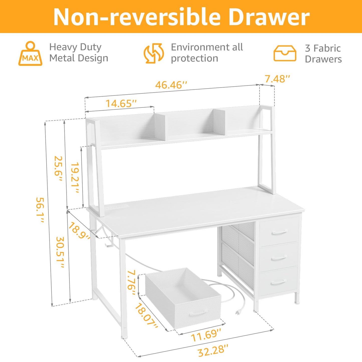 White Computer Desk with Hutch & Drawers - Office Desk with 3 Storage Drawers and Power Outlets, 47 Inch Modern Study Writing Desk for Bedroom Home Office