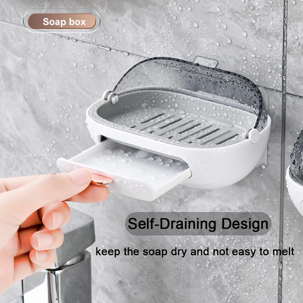NICAVKIT 2 Pack Shower Soap Dish Holder with Lid, Bar Soap Holder with Drain, Wall Mounted Soap Box Container for Shower, Bathroom, Bathtub, Kitchen Sink, Adhesive Included