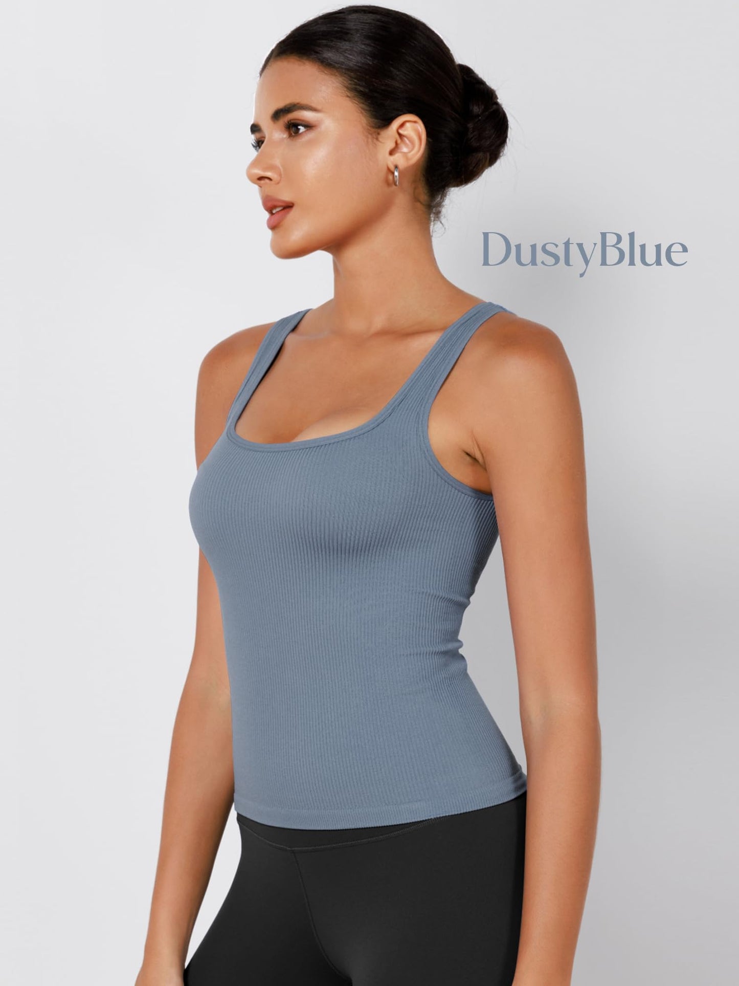 ODODOS 3-Pack Seamless Square Neck Tank for Women Ribbed Knit Soft Low Back Sleeveless Tops, Waist Length, Ivory+Dusty Blue+Sphinx, X-Large/XX-Large