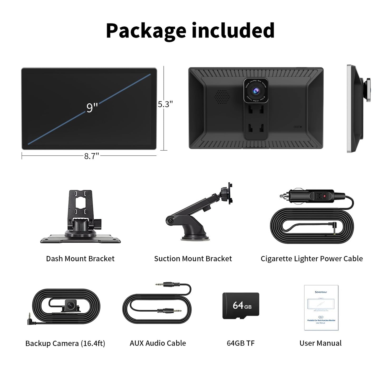 Portable Apple Carplay Screen for Car, 9" Wireless Apple Carplay & Android Auto,4K Dash Cam,1080p Backup Camera DVR,Car Audio Receivers GPS Navigation Mirror Link, Bluetooth,FM, Siri