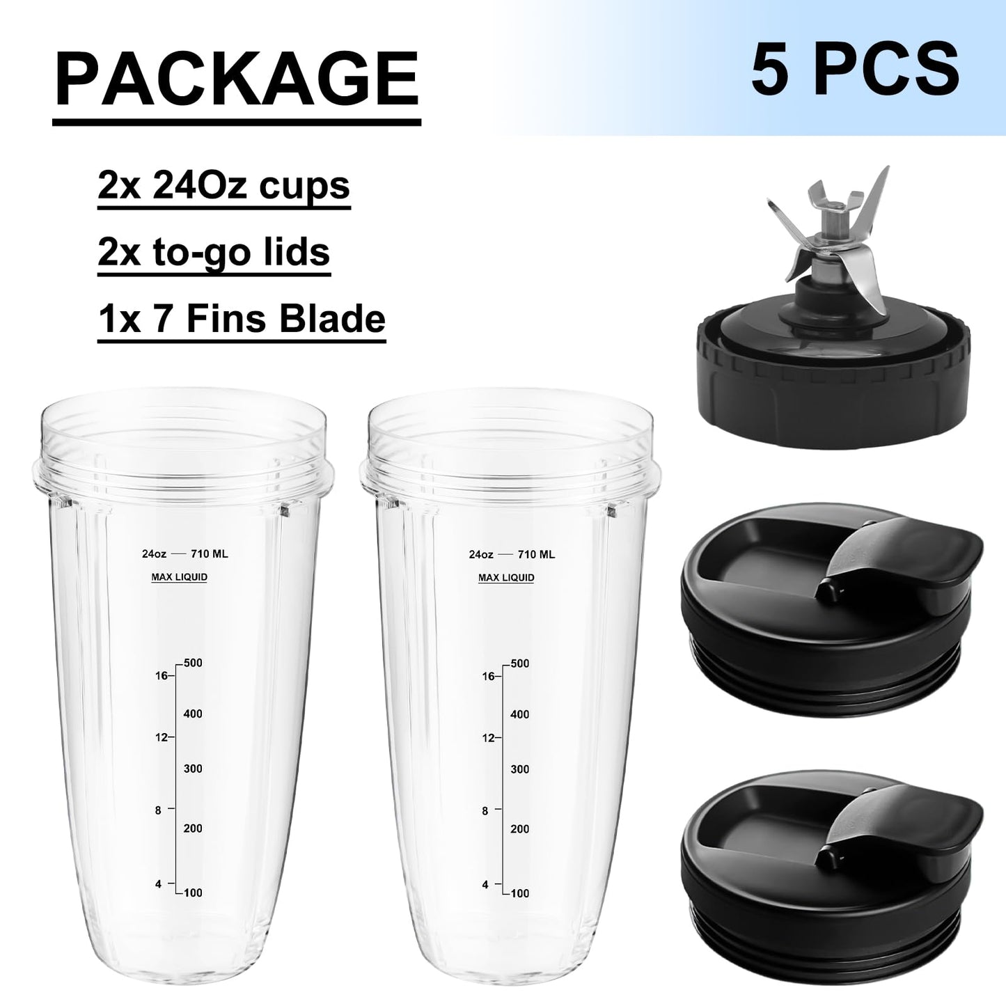 Replacement 24oz Blender Cups with Lid for Ninja, 7 Fins Extractor Blade Compatible with Nutri Auto iQ BN401 BN751 BN801 BL642 BL456 BL480 Foodi SS401 SS101 NN100 NN210 NN102 BL2012