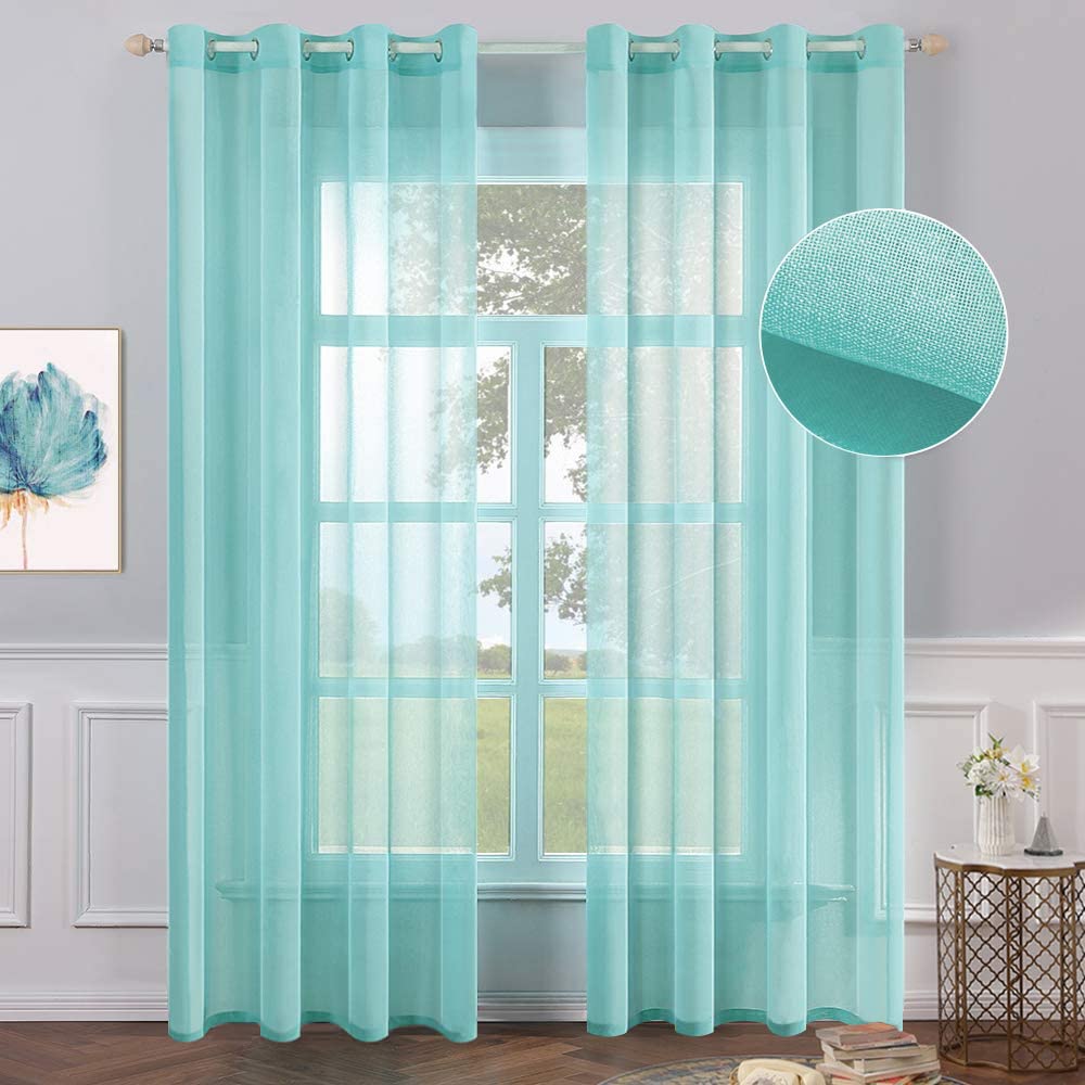 MIULEE 2 Turquoise Semi Sheer Window Curtains Elegant Grommet Top Voile Panels/Drapes/Treatment Aqua Blue Linen Textured for Bedroom Living Room Decor (54X84 Inches)