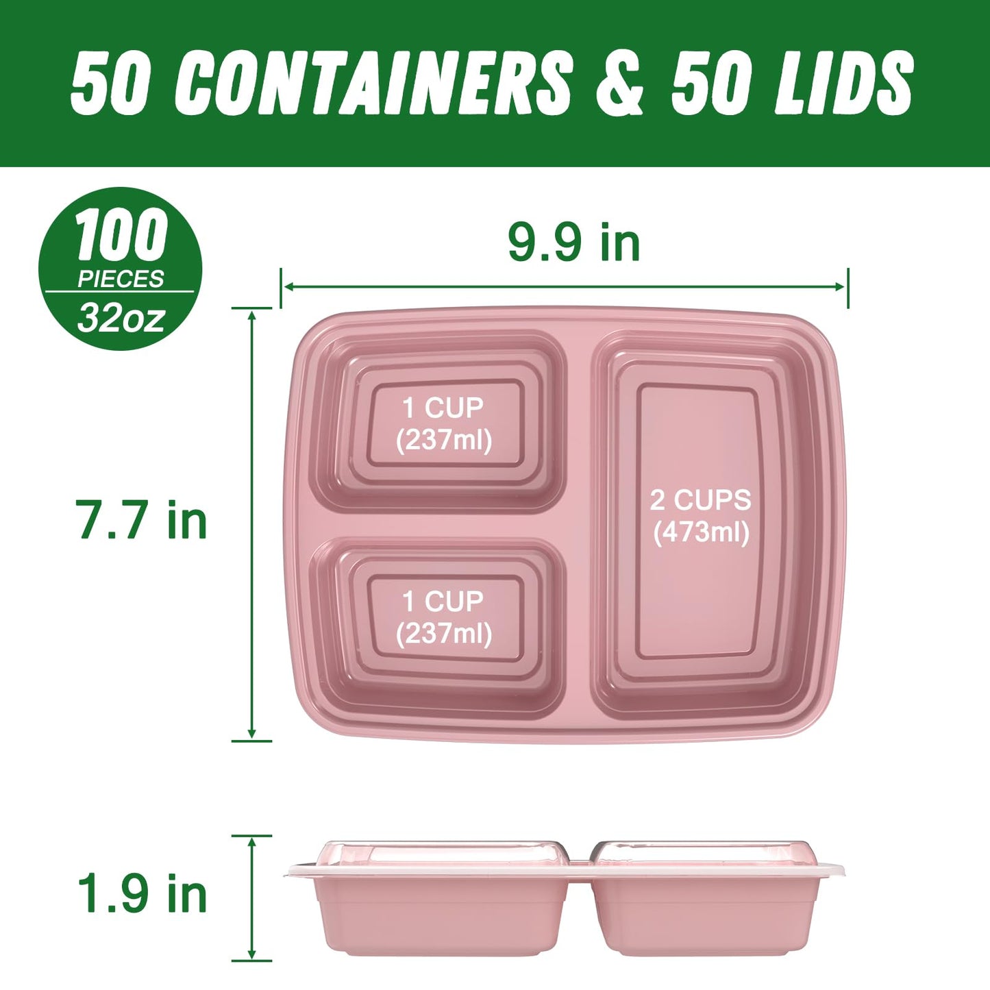 50 Pack (100-Piece) 32 oz Meal Prep Containers Reusable with Lids 3-Compartment, To Go Take Out Plastic Food Storage Containers, Sturdy Leakproof Food Safe, Microwave Freezer Dishwasher Safe, Pink