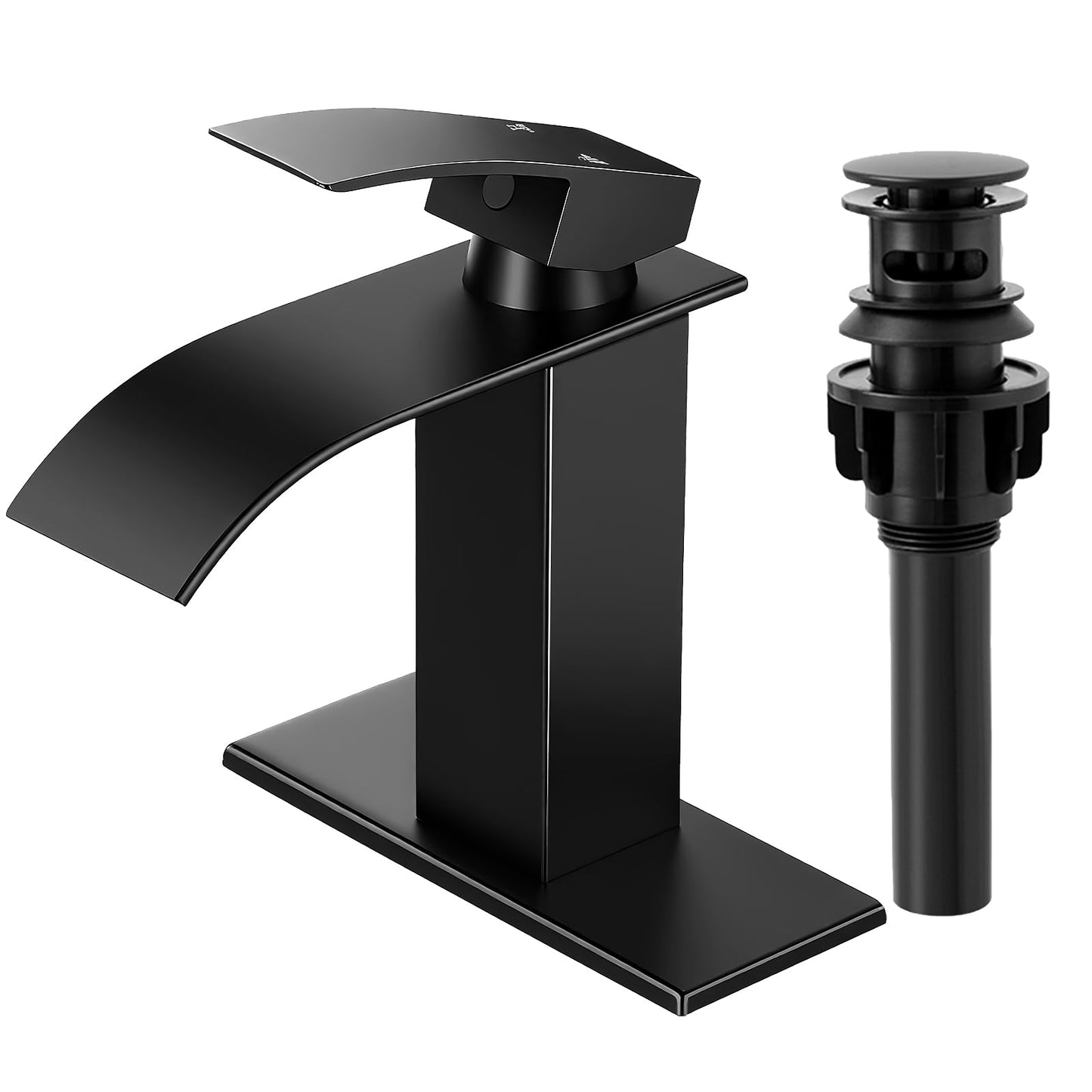 RNDIOZD Matte Black Bathroom Faucets, Waterfall Bathroom Sink Faucet Modern Single Handle Bathroom Faucte 1 or 3 Hole, RV Mixer Tap Vanity Faucet - Includes Pop-up Drain Supply Hoses Deck Plate