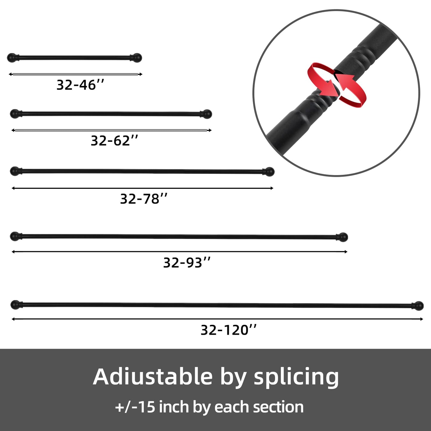 GXOACKJ Curtain Rods for windows 32-48 inch, 5/8 inch Decorative Curtain Rod Set, Matte Black Splicing Heavy Duty Metal Curtain Rod with Brackets