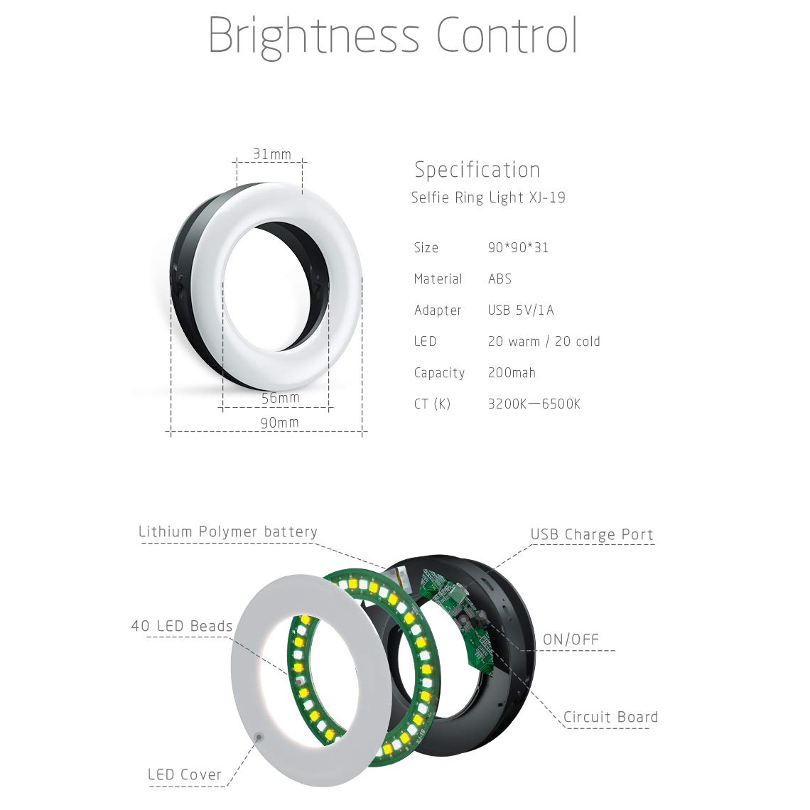 XINBAOHONG Selfie Ring Light Rechargeable Portable Clip-on Selfie Fill Light with 40 LED for Smart Phone Photography, Camera Video, Girl