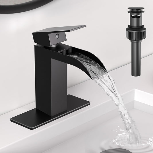 Kroias Matte Black Waterfall Bathroom Faucet 1 Hole or 3 Hole, Single Handle Rv Bathroom Sink Faucet with Pop Up Drain, Bathroom Vanity Faucet with cUPC Supply Hose and Deck Plate