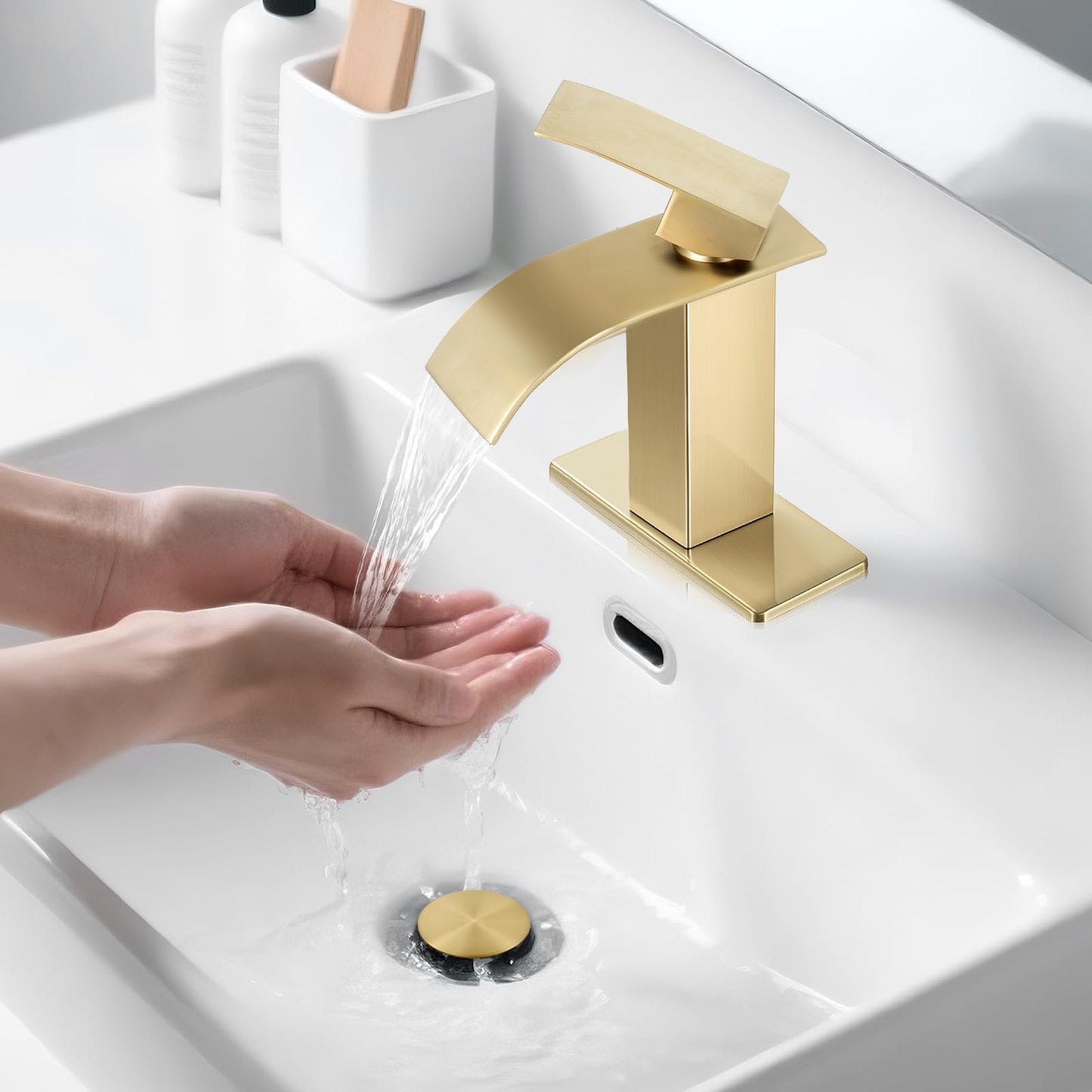 RNDIOZD Brushed Gold Bathroom Faucets, Waterfall Bathroom Sink Faucet Modern Single Handle Bathroom Faucte 1 or 3 Hole, RV Mixer Tap Vanity Faucet - Includes Pop-up Drain Supply Hoses Deck Plate