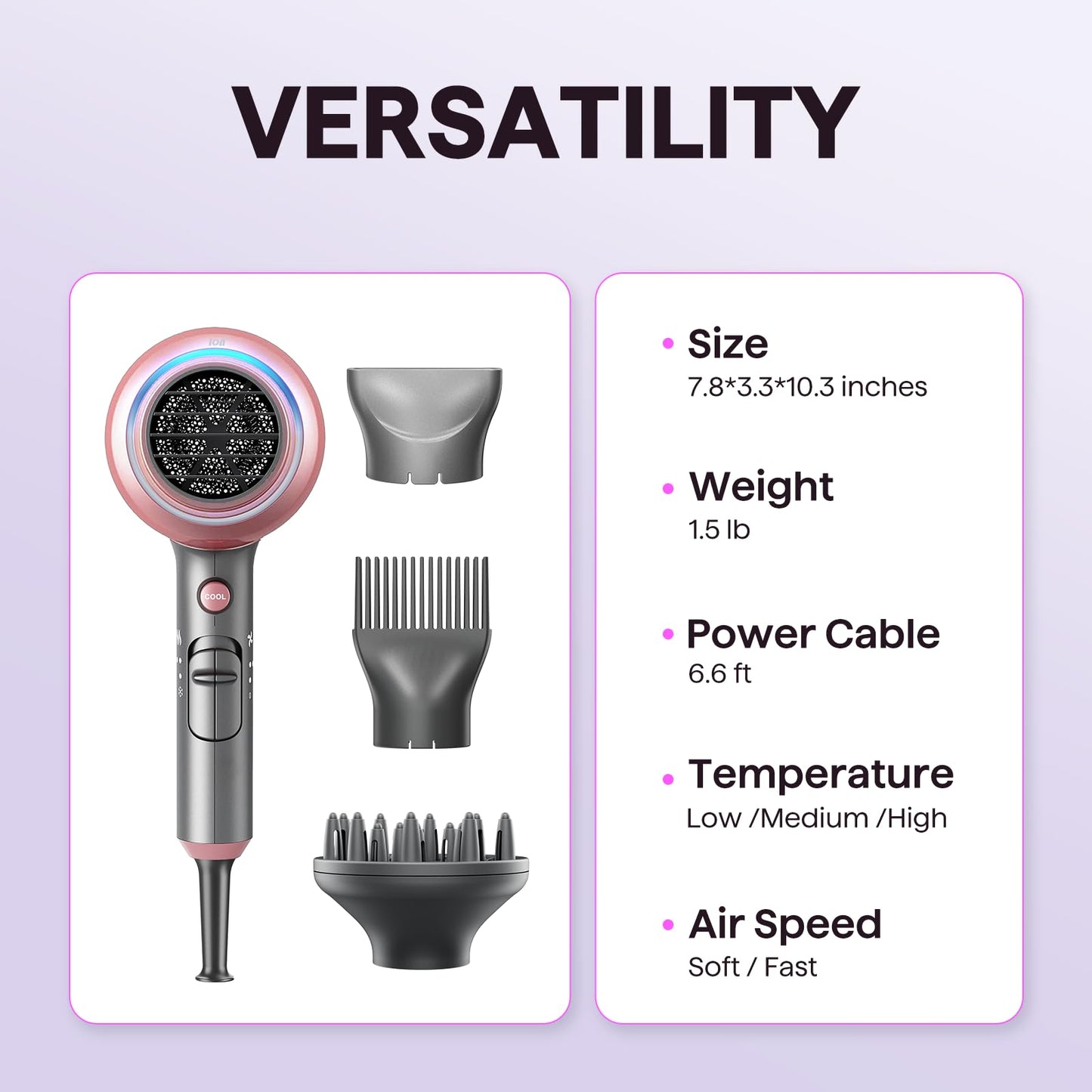 Wavytalk Hair Dryer, Blown Away Ionic Hair Dryer for Curly Hair with Diffuser, 1875W Fast Drying Blow Dryer with Ceramic Technology, 3 Attachments for All Hair Types, Light and Quiet, Rose Gold