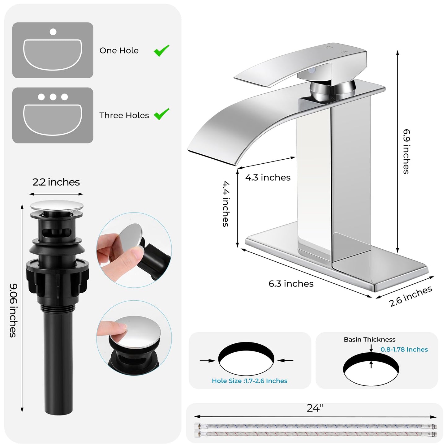RNDIOZD Chrome Bathroom Faucets, Waterfall Bathroom Sink Faucet Modern Single Handle Bathroom Faucte 1 or 3 Hole, RV Mixer Tap Vanity Faucet - Includes Pop-up Drain Supply Hoses Deck Plate