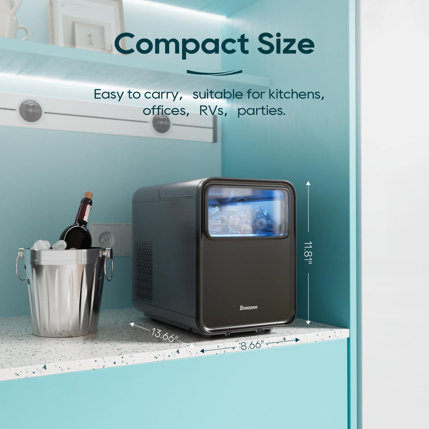 BREEZOME Ice Maker Countertop, Self-Cleaning Ice Machine, 9 Cubes in 6 Mins, 26.5lbs in 24Hrs, Compact Ice Maker with Basket & Scoop, Quiet Operation, 2 Sizes of Bullet Ice for Home Kitchen Camping RV