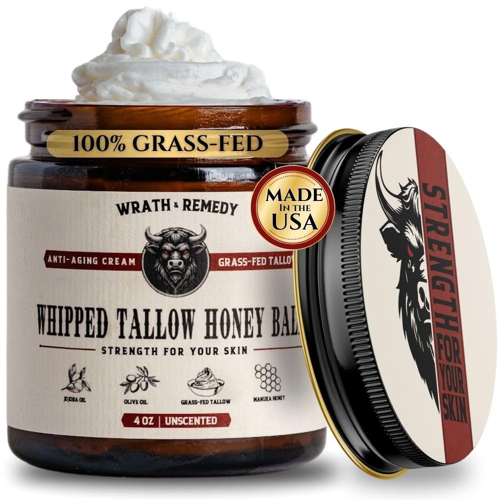 Wrath & Remedy Handmade Whipped Organic Beef Tallow for Skin - 4 OZ (Unscented) — Grass Fed Beef Tallow Moisturizer and Honey Balm for Silky, Sensitive-Skin, Eczema, Rosacea - Free of Harsh Chemicals