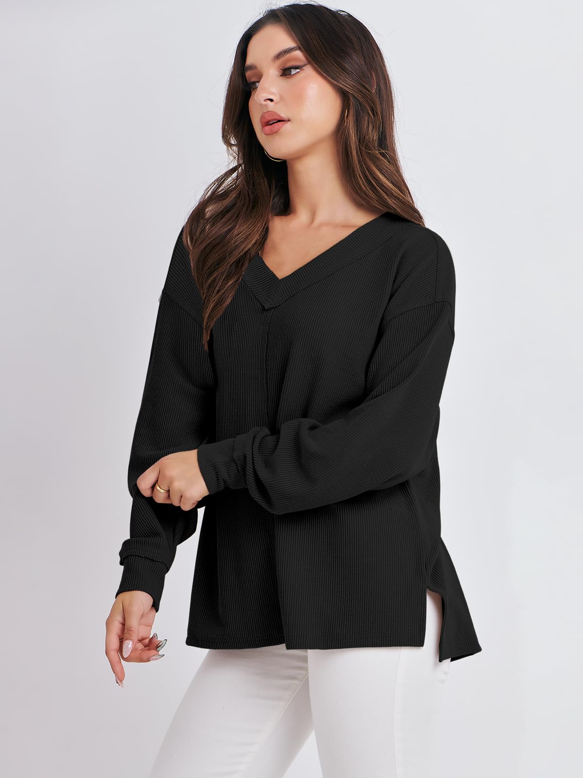 ANRABESS Oversized Long Sleeve Shirts for Women Off the Shoulder Sweatshirt Loose V Neck Tunic Tops High Low Sweater 2025 Black Medium
