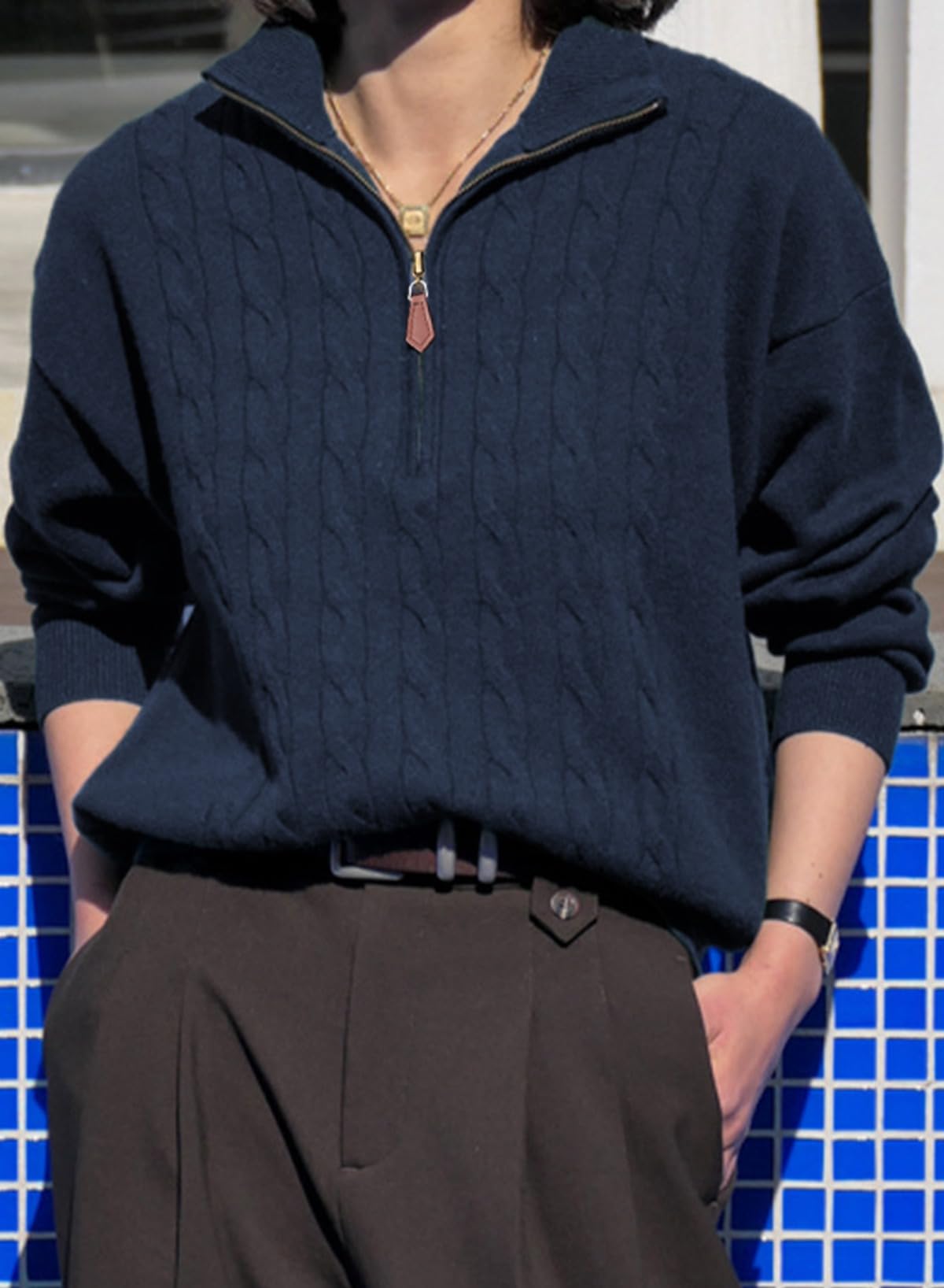 Dokotoo Christmas Womens Sweaters for Women Trendy Winter 2025 Women Outfits Dressy Casual Women's Sweaters Fashion Fall Old Money Clothes Cute Quarter Zip Sweater Pullover Oversized Tops Navy Blue