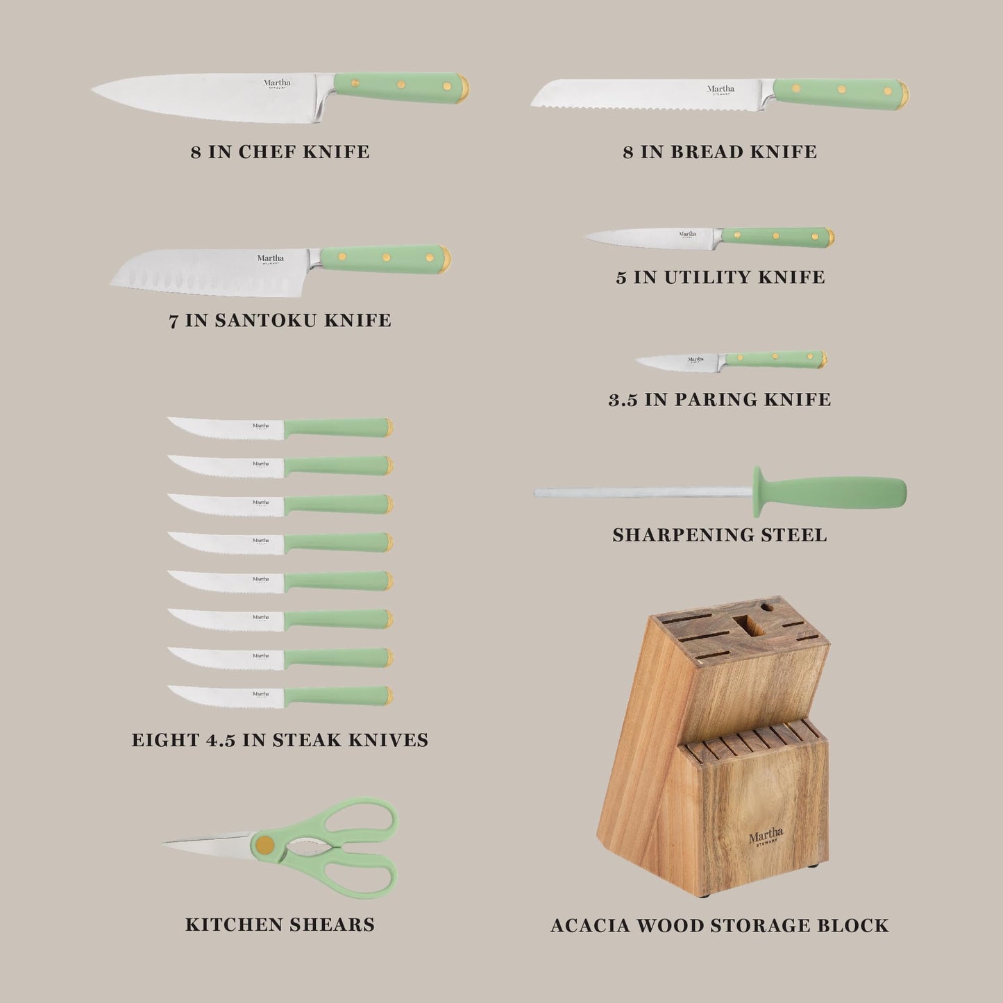 Martha Stewart 16 Piece Lockton High Carbon Stainless Steel Cutlery Kitchen Knife Block Set W/ABS Tripe Riveted Forged Handle Acacia Wood Block - Sage Green W/Gold