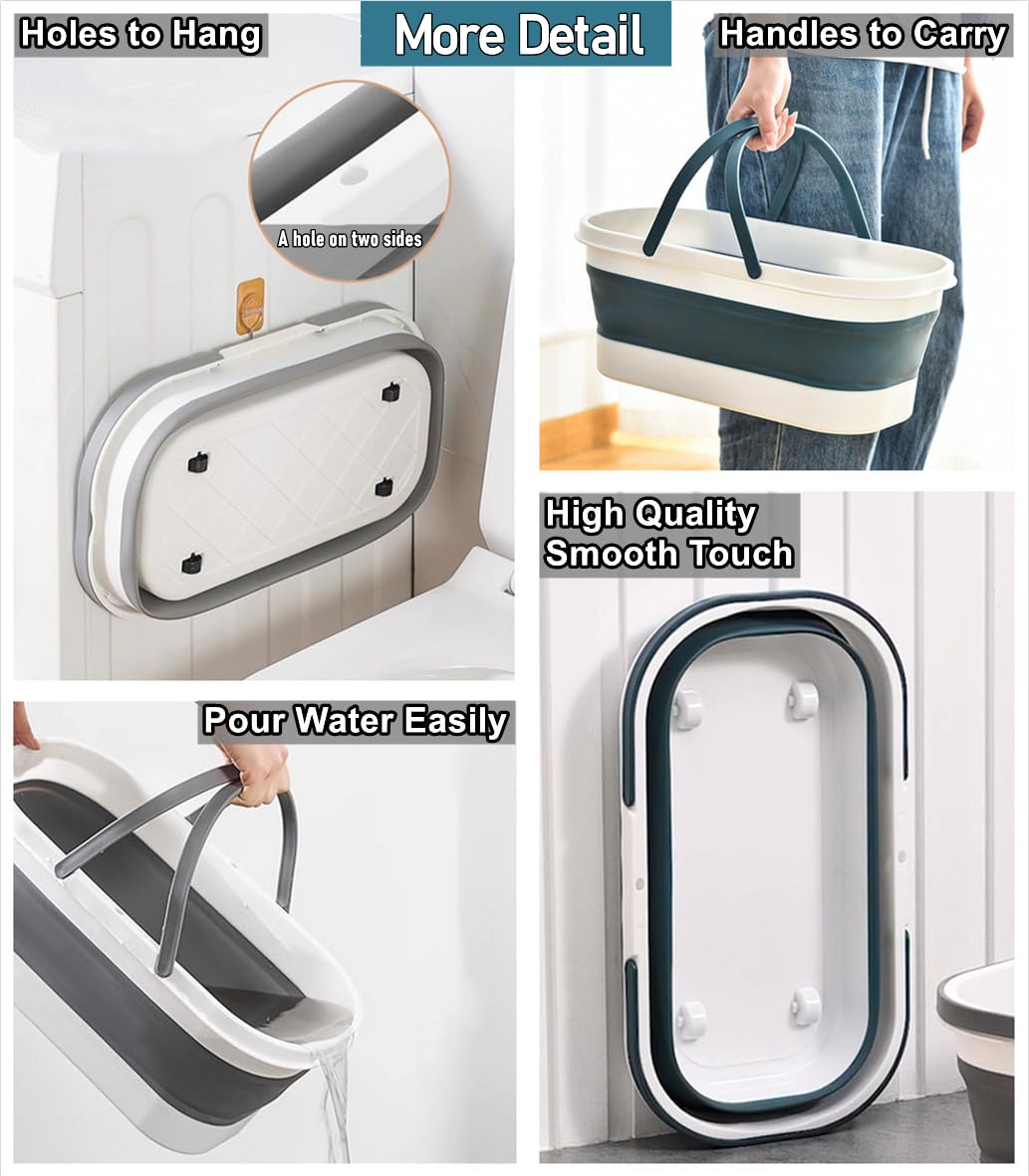 Collapsible Mop Bucket Basin Tub with Handle and Wheels, 12L (3.2 Gallon) Foldable Small Plastic Container for Household Cleaning, Car Washing, Portable Basket Bin Tool for Storage Organizer, Grey