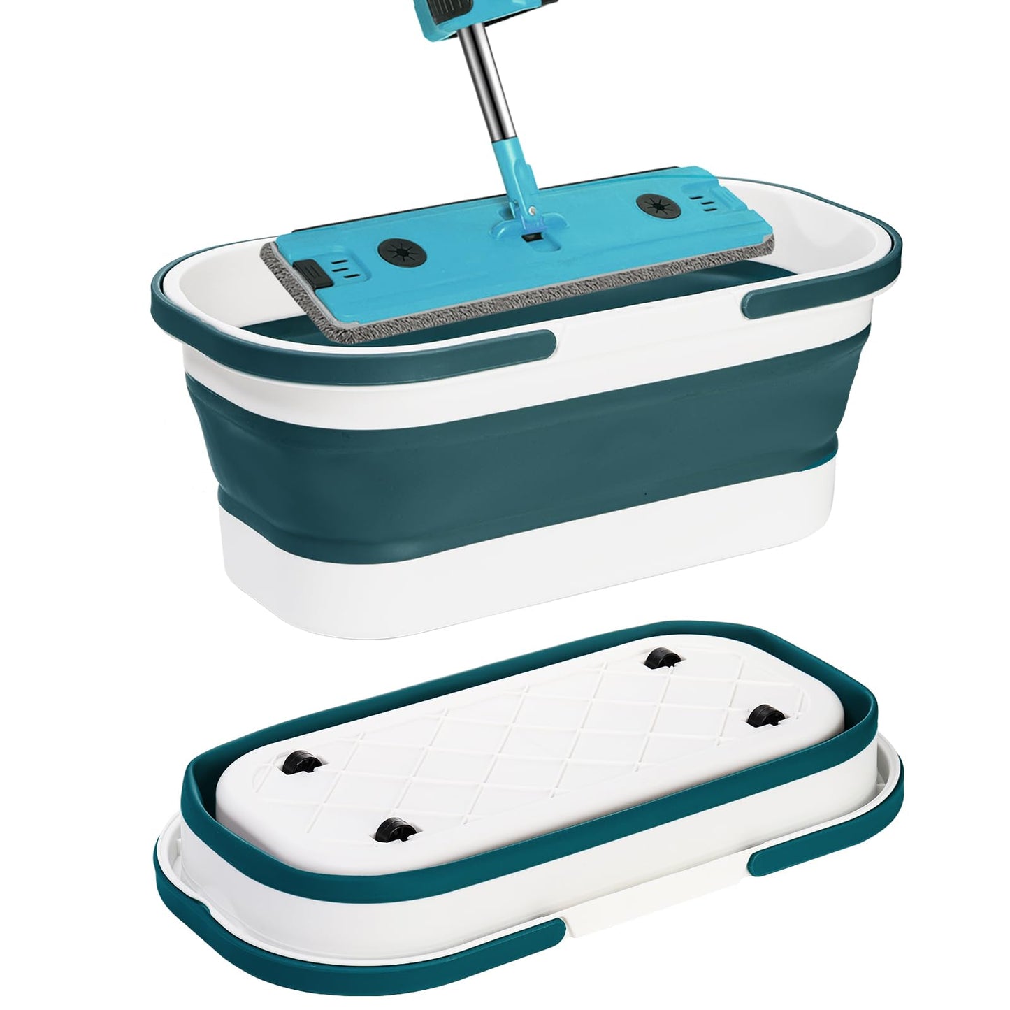 Yesland 2 Pack Collapsible Plastic Bucket with Wheels, 12L (3.17 Gallon) Foldable Rectangular Mop Bucket, Portable Water Pail with Handle for House Cleaning, Car Washing, Fishing, Camping, Gray & Blue