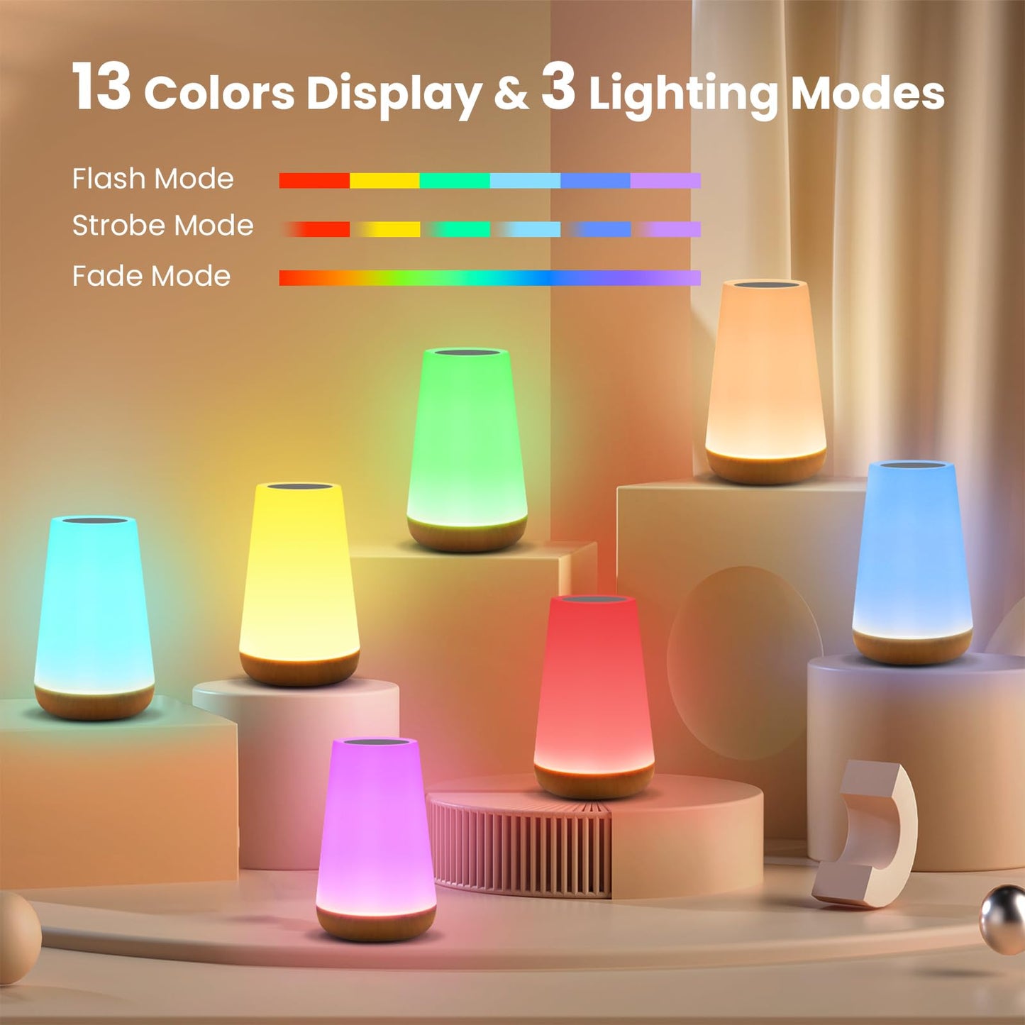 THAUSDAS Night Light, Dimmable Touch Lamp for Bedroom, Portable Table Bedside Lamp, 5 Brightness 13 RGB Colors, Night Lights for Baby Nursery Bathroom
