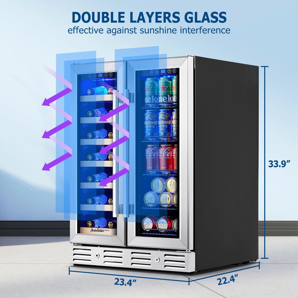 Kalamera Wine and Beverage Refrigerator, 24 inch Wine Fridge Dual Zone Hold 21 Bottles and 77 Cans,Built in or Under Counter Wine Fridge with Blue LED Light