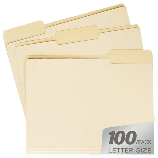 pmybupo 100PC Manila File Folder 1/3 Cut Tab Letter Size,Great for Organizing and Easy File Storage,Per Box