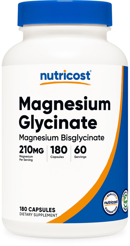 Nutricost Magnesium Glycinate Capsules (180 Capsules, 210 mg Per Serving) - Magnesium Glycinate Supplement for Gentle Absorption