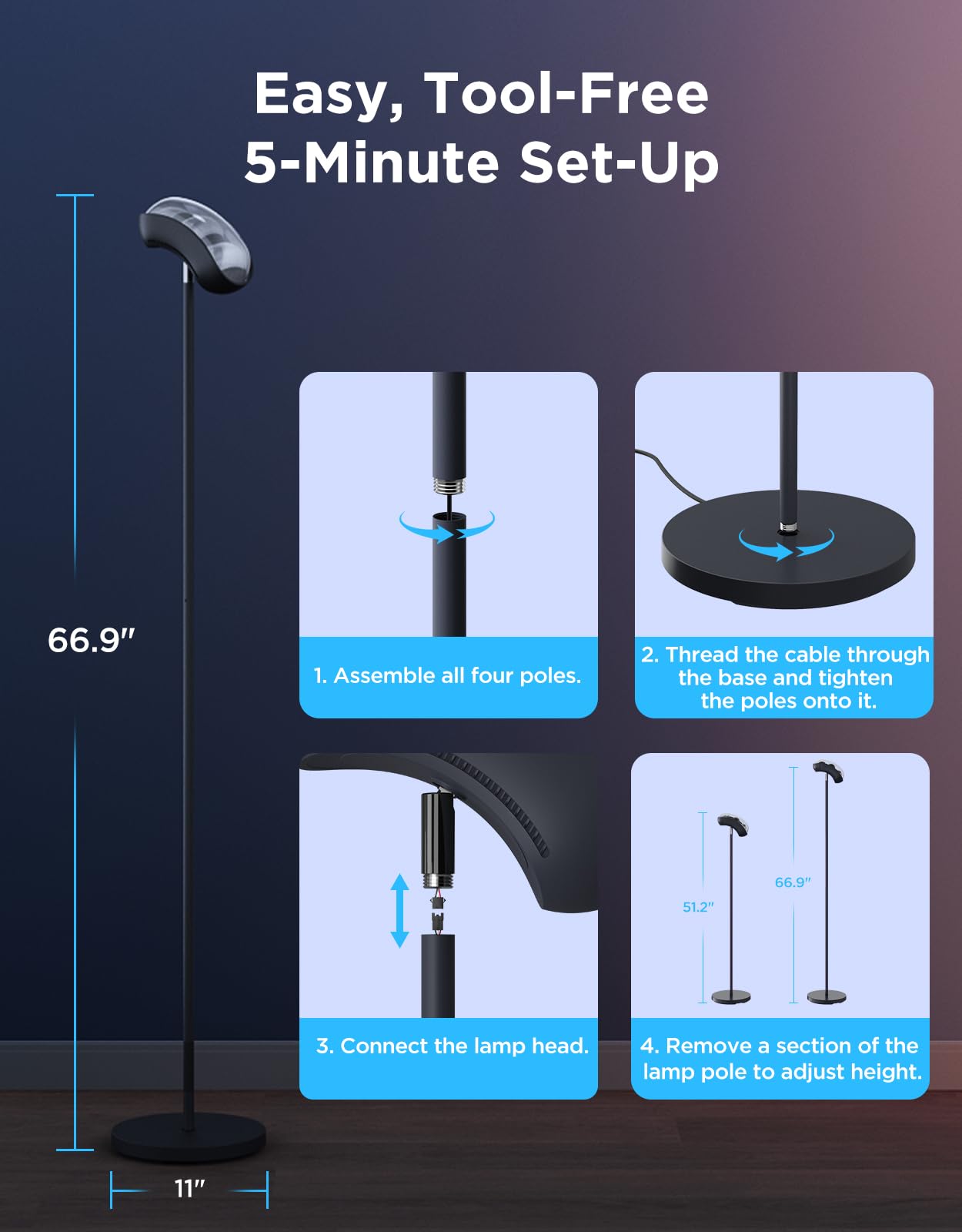 Govee Torchiere Floor Lamp with Matter, Alexa Compatible, RGBIC Warm Cool White Standing Lamp with 77 Scene Modes, Music Sync, 67" Modern Floor Lamps for Living Room Bedroom, Black, 172 ft² Light Area