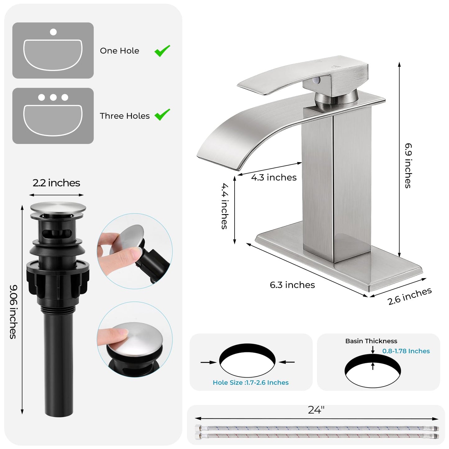 RNDIOZD Brushed Nickel Bathroom Faucets, Waterfall Bathroom Sink Faucet Modern Single Handle Bathroom Faucte 1 or 3 Hole, RV Mixer Tap Vanity Faucet - Includes Pop-up Drain Supply Hoses Deck Plate