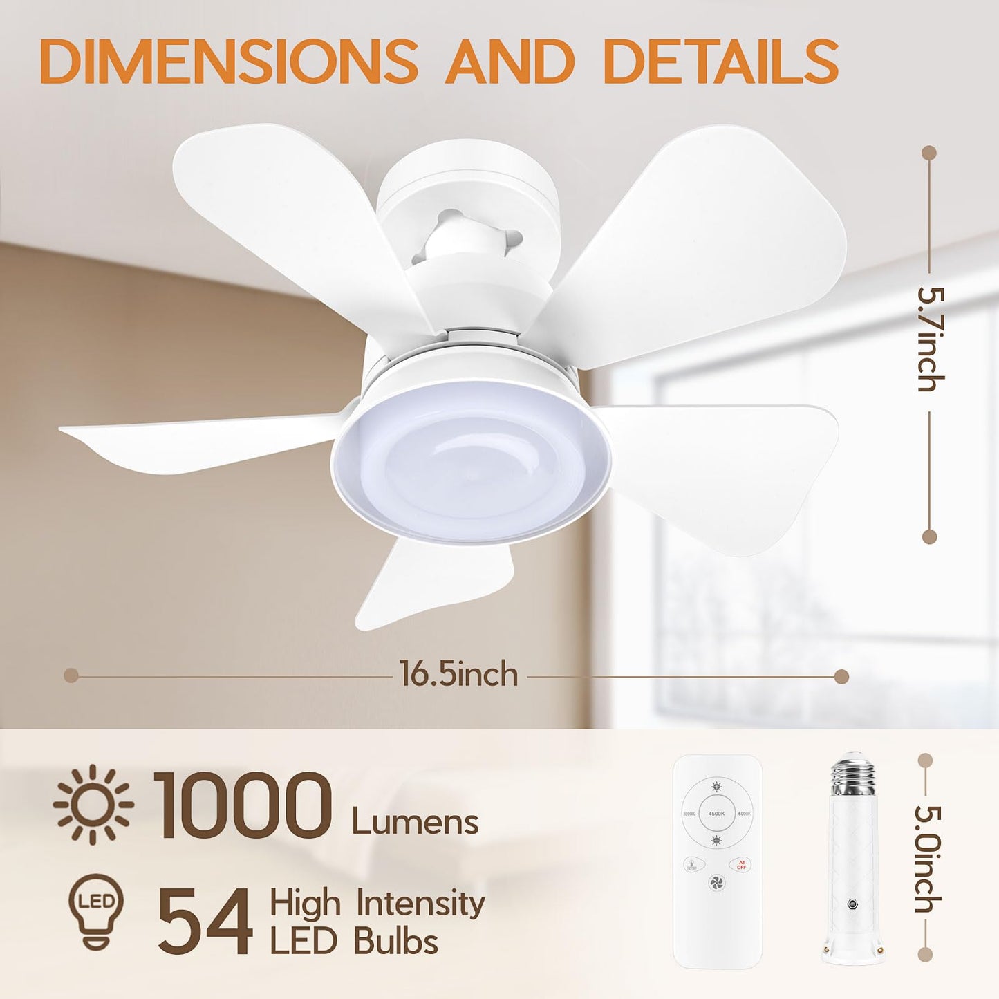 NBKLS Ceiling Fans with Lights and Remote, Quiet Ceiling Fans with 5 Blades, 3 Color LED Dimmable, Low Profile Ceiling Fan with Light for Bedroom, Garage, Kitchen, Living Room, Patio