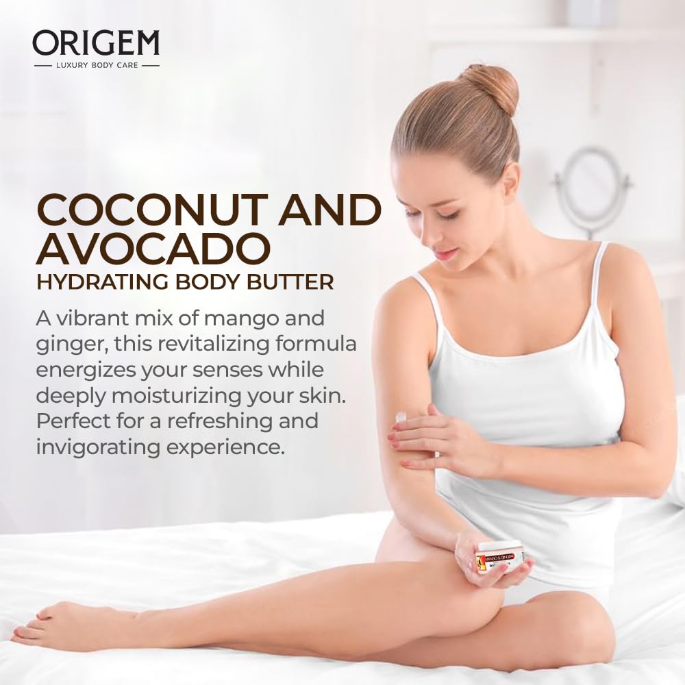 ORIGEM Body Butter for Dry Skin – Ultra-Nourishing & Hydrating Cream with Mango, Ginger, Argan Oil, Shea Butter & Honey – Moisturizer for Smooth, Glowing Skin – 8 Oz