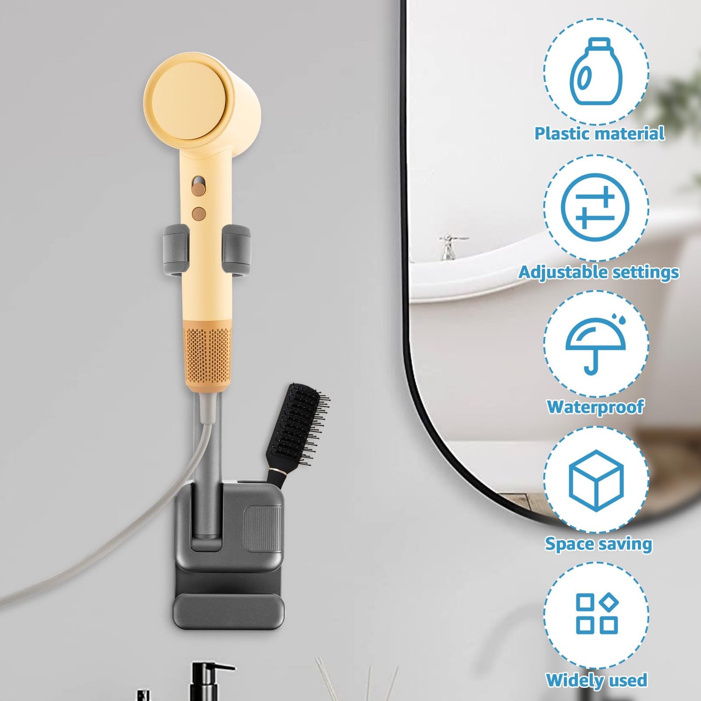 bigjvbfv Wall Mounted Hair Dryer Holder Blower Dryer Storage Rack Adjustable Hook Rack Space Saving Multipurpose Organizer Drill for Bathroom Curling Iron Hair Straightener