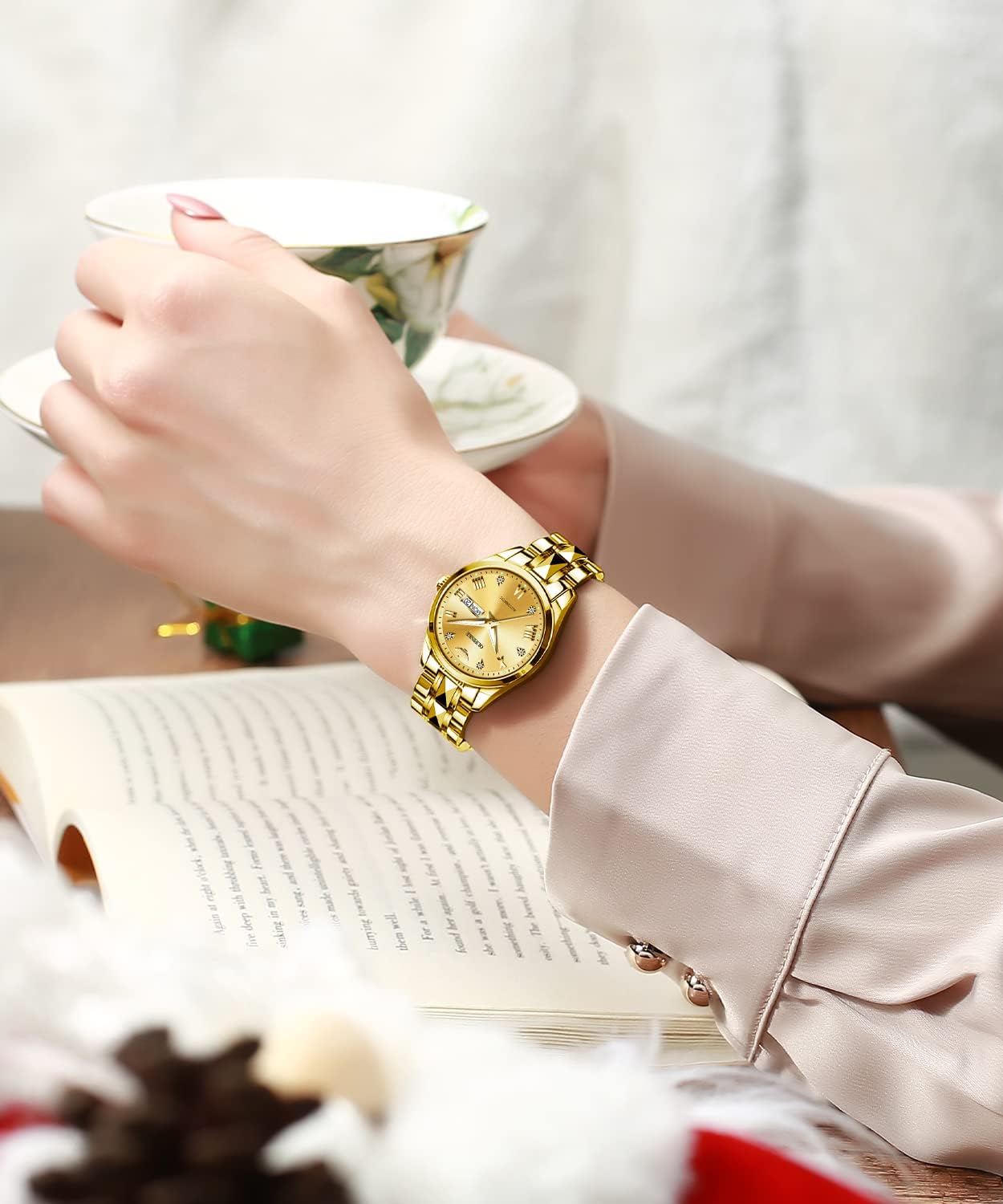 OUPINKE Gold Automatic Womens Watches Self Winding Mechanical Luxury Dress Diamond Dial Tungsten Steel Wrist Watches for Women Date Waterproof Luminous