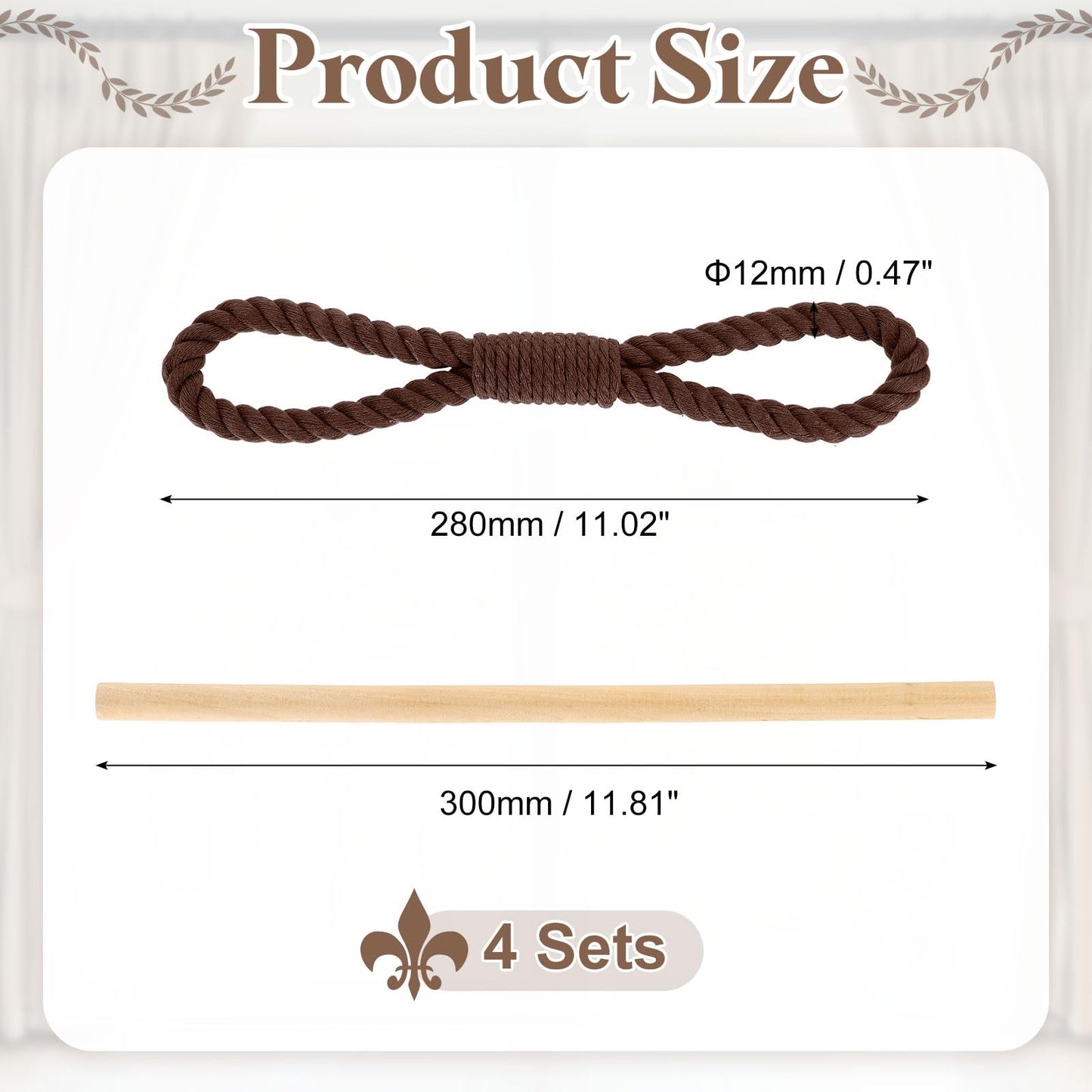 uxcell 4 Pack Curtain Tiebacks, Cotton Rope Curtain Drapes Holdbacks Hand-Woven Decorative Farmhouse Tie Backs with Wood Club for Home Office Decor, Dark Brown