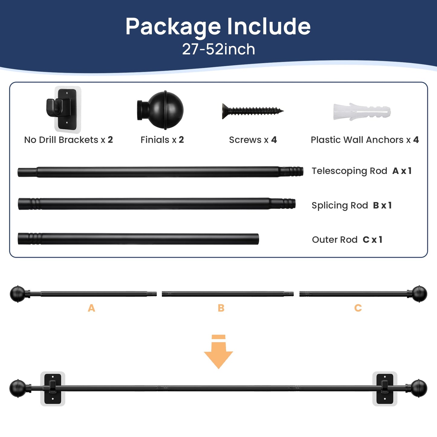 ENJOYBASICS No Drill Curtain Rods for Window 28 to 47 Inches, 5/8 Inch Diameter Renter Friendly Drapery Rod with Adhesive Brackets without Drilling, Adjustable from 27 to 52 Inches, Black