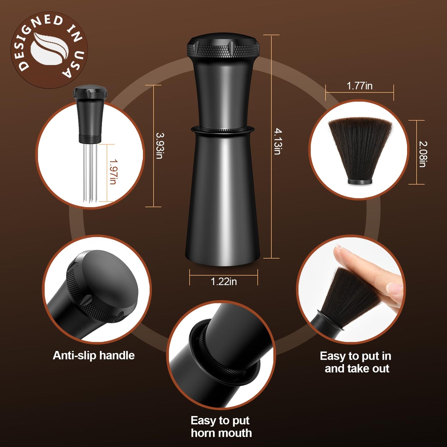 Nessus WDT Espresso Distribution Tool, Espresso Accessories with Built-in Cleaning Brush, 0.35mm 10 Needle Distributor and Extra 10 Needles for Espresso Stirrer, Aluminum Handle with Stand for Barista