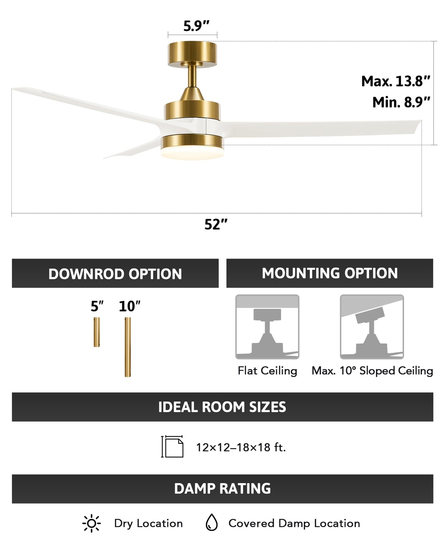 VONLUCE Ceiling Fans with Lights, 52 Inch Ceiling Fan and Remote, with 3 Blades 6-Speeds Noiseless Reversible DC Motor, Modern Ceiling Fan for Farmhouse Bedroom Patio Indoor Outdoor, White Gold