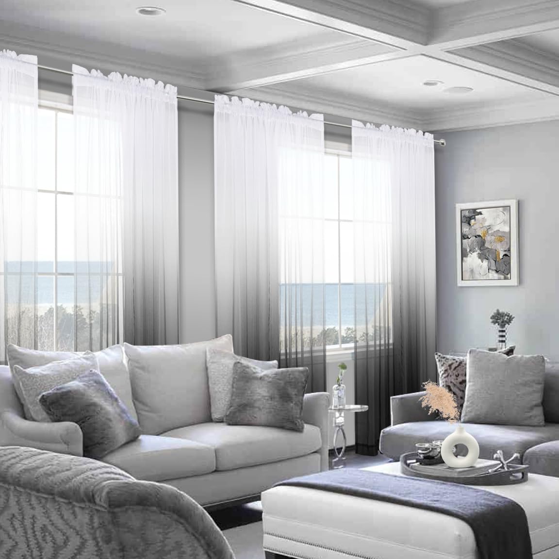 KOUFALL Modern Decorative Unique Faux Linen Ombre Semi Sheer White and Black Sheer Curtains for Living Room Bedroom Boys Room Decor Teen 52 x 84 Length 2 Windows Curtain Set Panels Rod Pocket