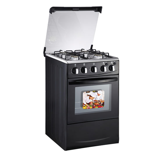 Gas Range with Double-Layer Glass Door, 4 Burners, Cast Iron Rack, 52L Capacity, Black
