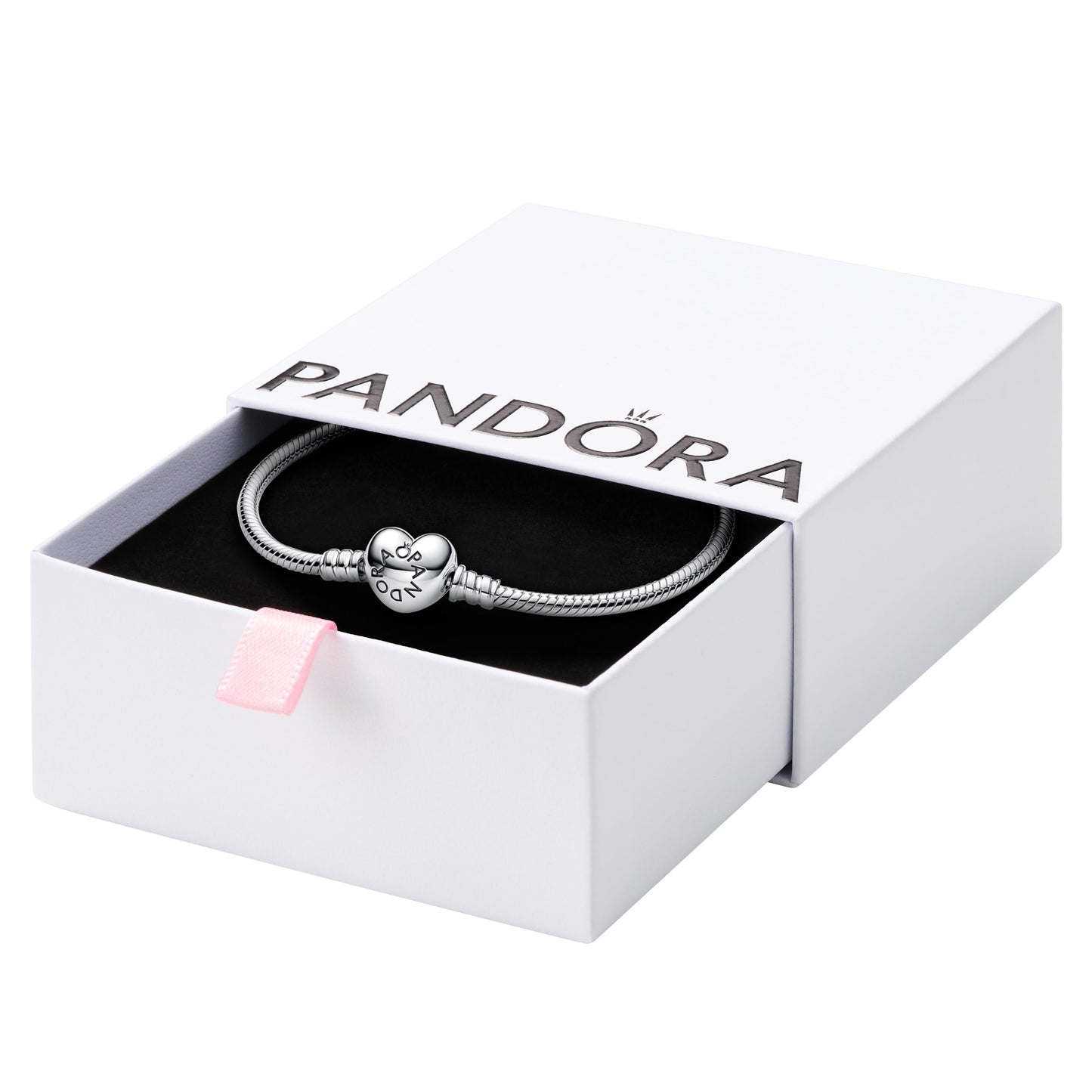 PANDORA Moments Heart Clasp Snake Chain Bracelet - Compatible Moments Charms - Gift for Her - Sterling Silver Shine - With Gift Box - 7.1"