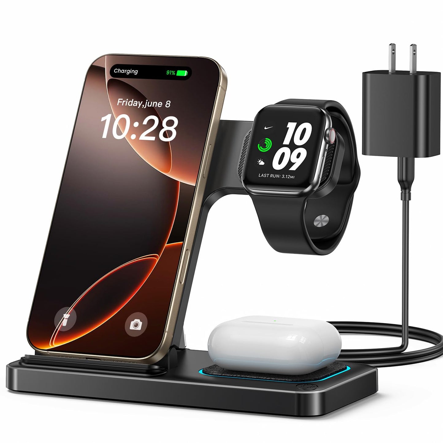 DUMTERR 3 in 1 Wireless Charger for iphone 16 15 14 13 12 11 XR 8, Apple Charging Station for Apple Watch 10/9/Ultra/8/7/SE/6/5/4 & AirPods Series, Wireless Charging Station for Multiple Devices Apple