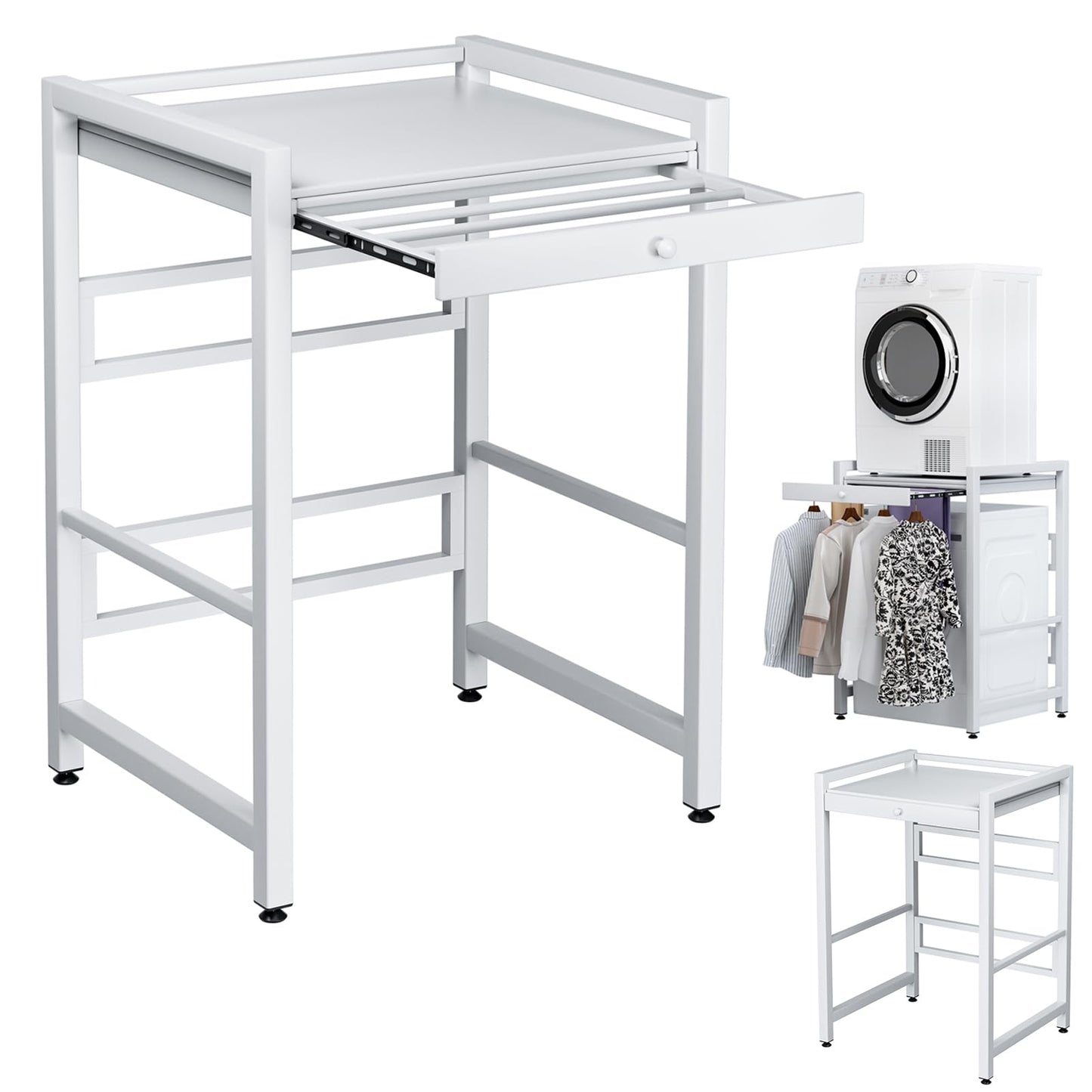 ilkqeppe Washer Dryer Shelf, Over the Washer Storage Shelf, Washer and Dryer Countertop, Height Adjustable Washing Machine Storages Stand (White)