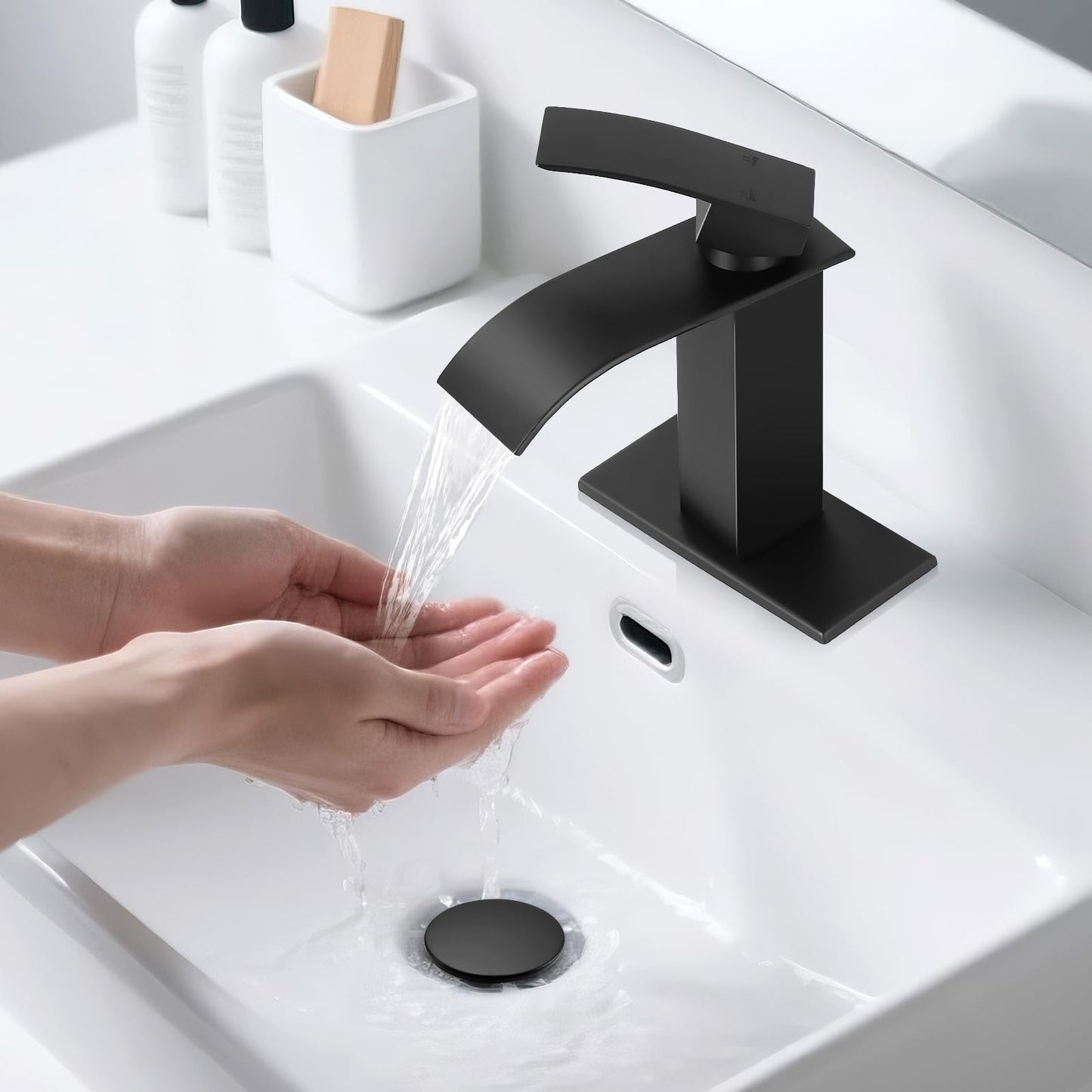 RNDIOZD Matte Black Bathroom Faucets, Waterfall Bathroom Sink Faucet Modern Single Handle Bathroom Faucte 1 or 3 Hole, RV Mixer Tap Vanity Faucet - Includes Pop-up Drain Supply Hoses Deck Plate
