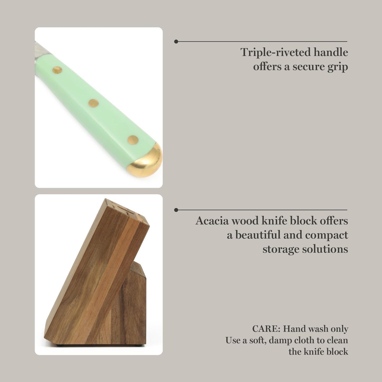 Martha Stewart 16 Piece Lockton High Carbon Stainless Steel Cutlery Kitchen Knife Block Set W/ABS Tripe Riveted Forged Handle Acacia Wood Block - Sage Green W/Gold