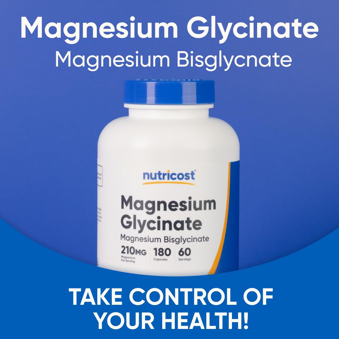 Nutricost Magnesium Glycinate Capsules (180 Capsules, 210 mg Per Serving) - Magnesium Glycinate Supplement for Gentle Absorption